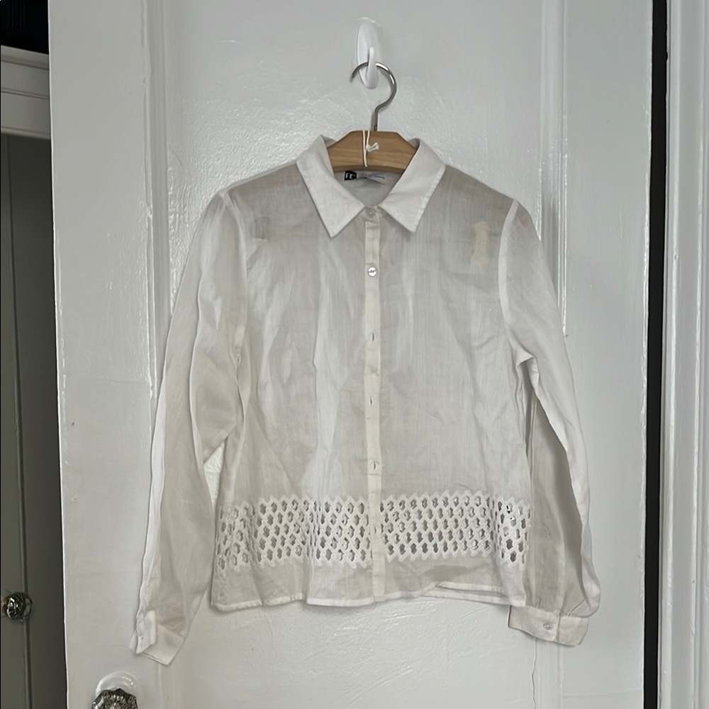 White Button-Up Blouse with Lace Detail